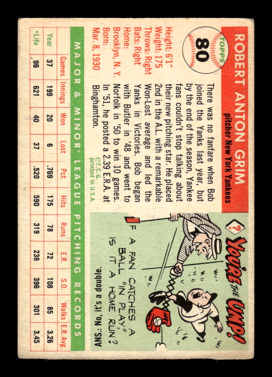1955 Topps #80 Bob Grim New York Yankees VG MM26013778