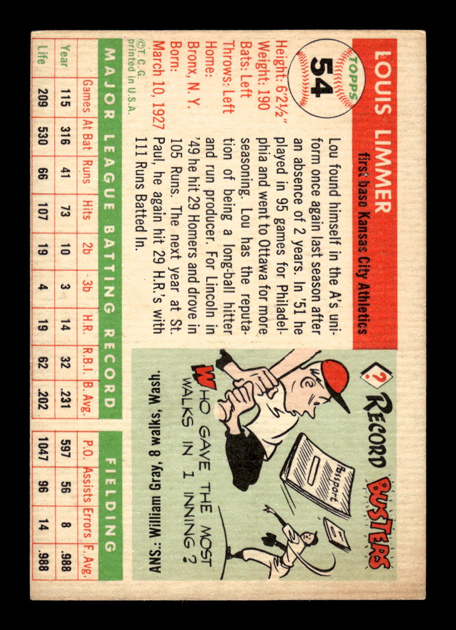 1955 Topps #54 Lou Limmer Kansas City Athletics VG MM26013790