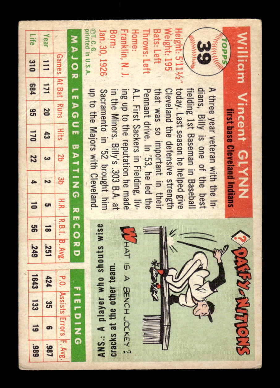 1955 Topps #39 Bill Glynn Cleveland Indians VG MM26013793