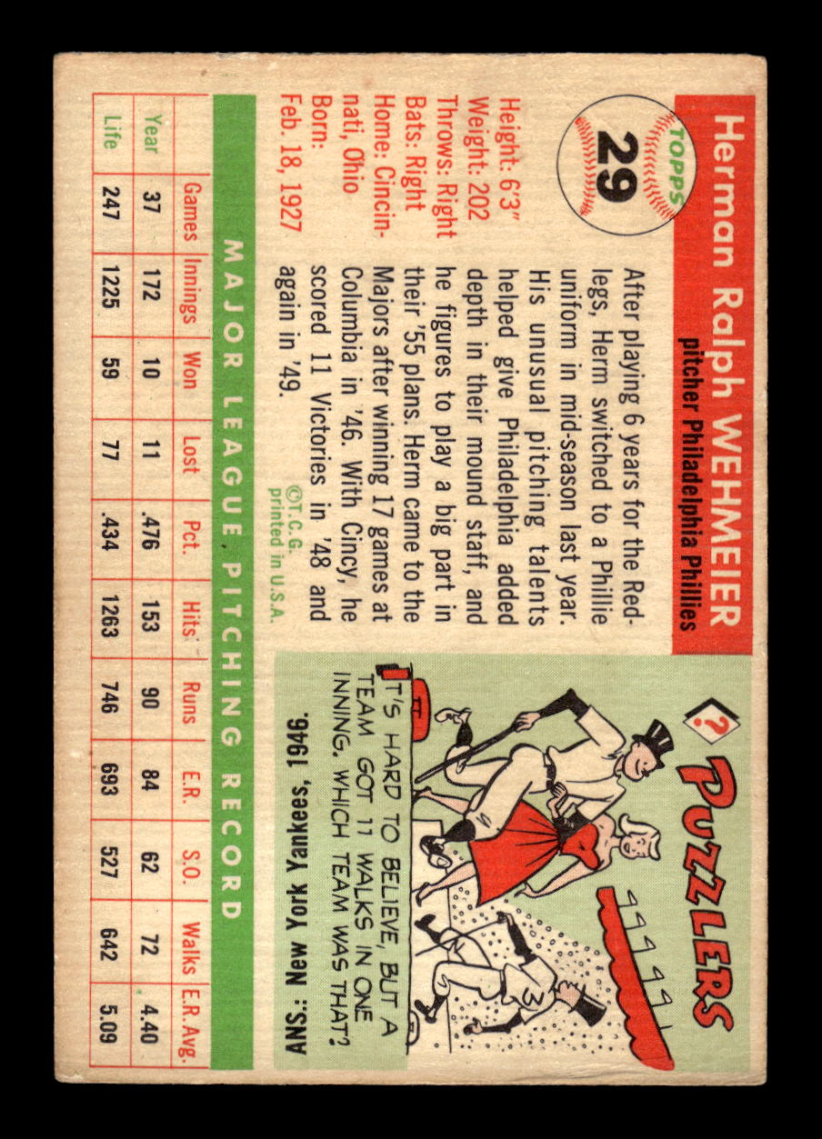 1955 Topps #29a Herman Wehmeier Philadelphia Phillies VG MM26013795