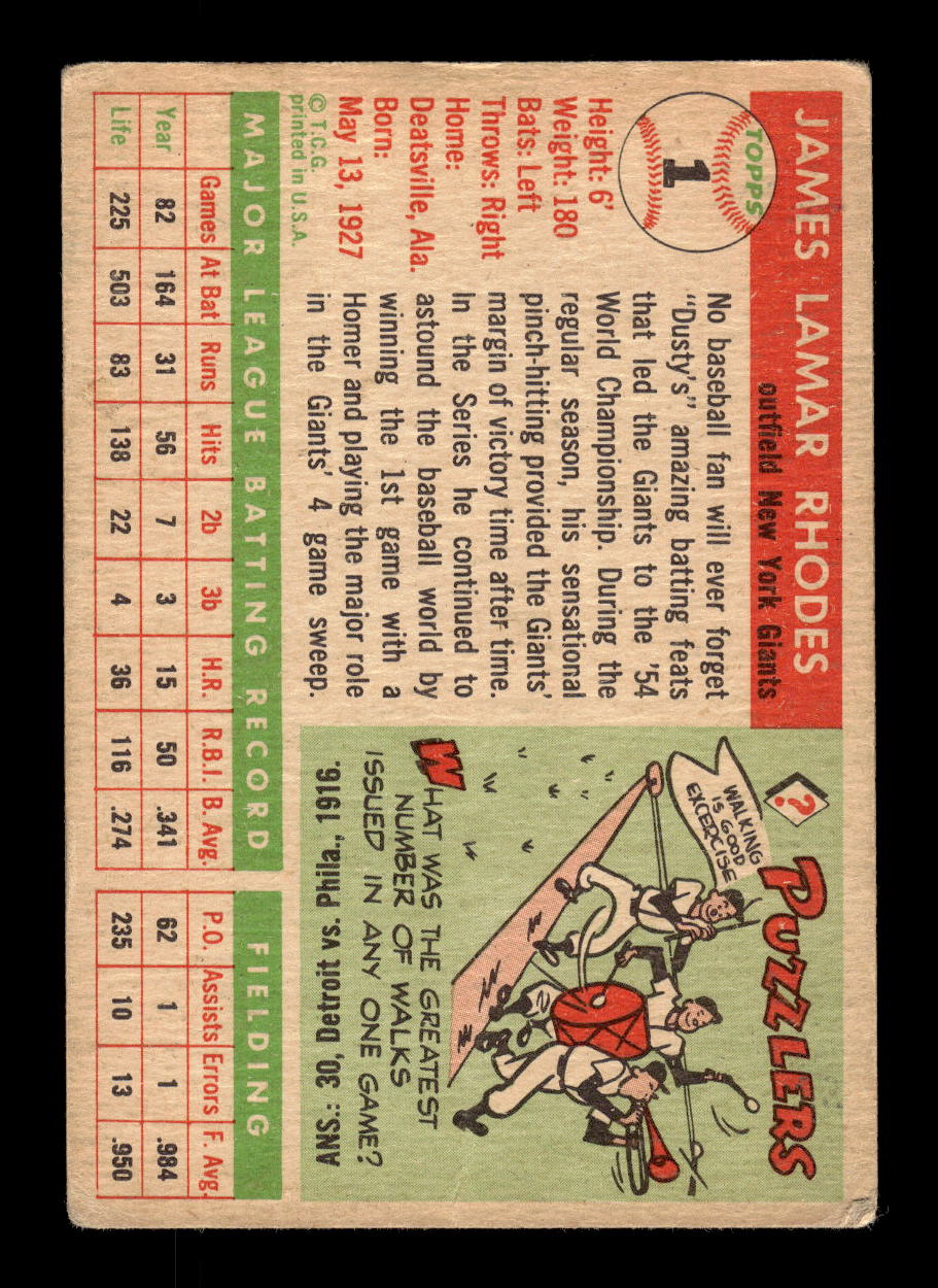 1955 Topps #1 Dusty Rhodes New York Giants VG MM26013803