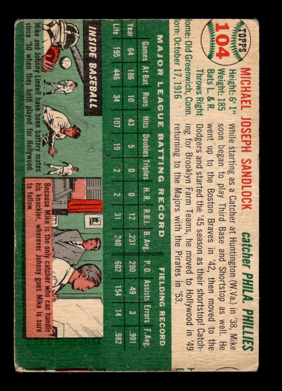 1954 Topps #104 Mike Sandlock Philadelphia Phillies VG MM26013807