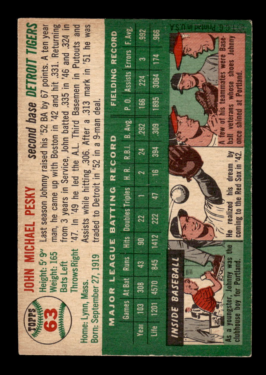 1954 Topps #63 Johnny Pesky Detroit Tigers VGEX MM26013809