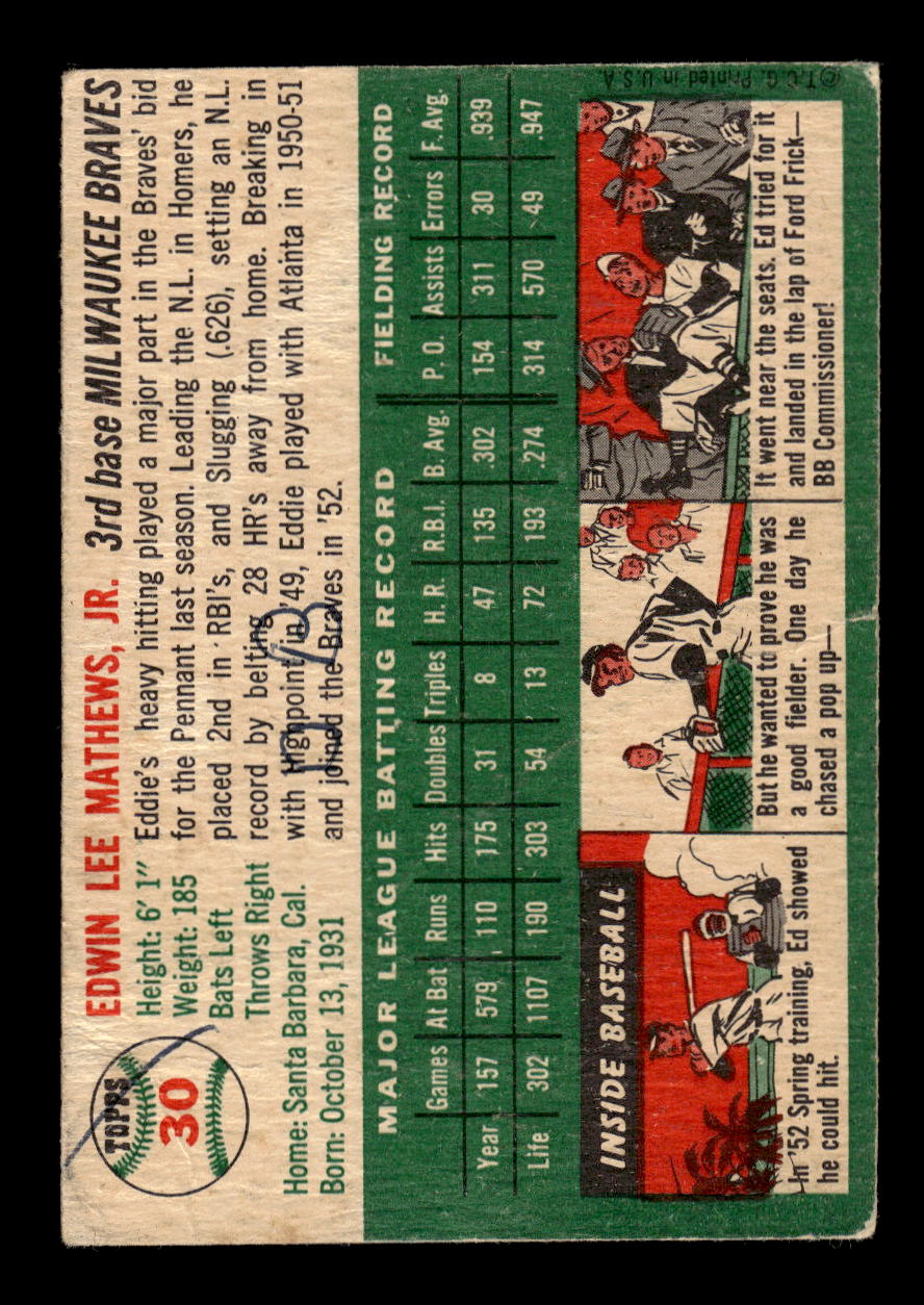 1954 Topps #30 Eddie Mathews Milwaukee Braves Poor MM26013811