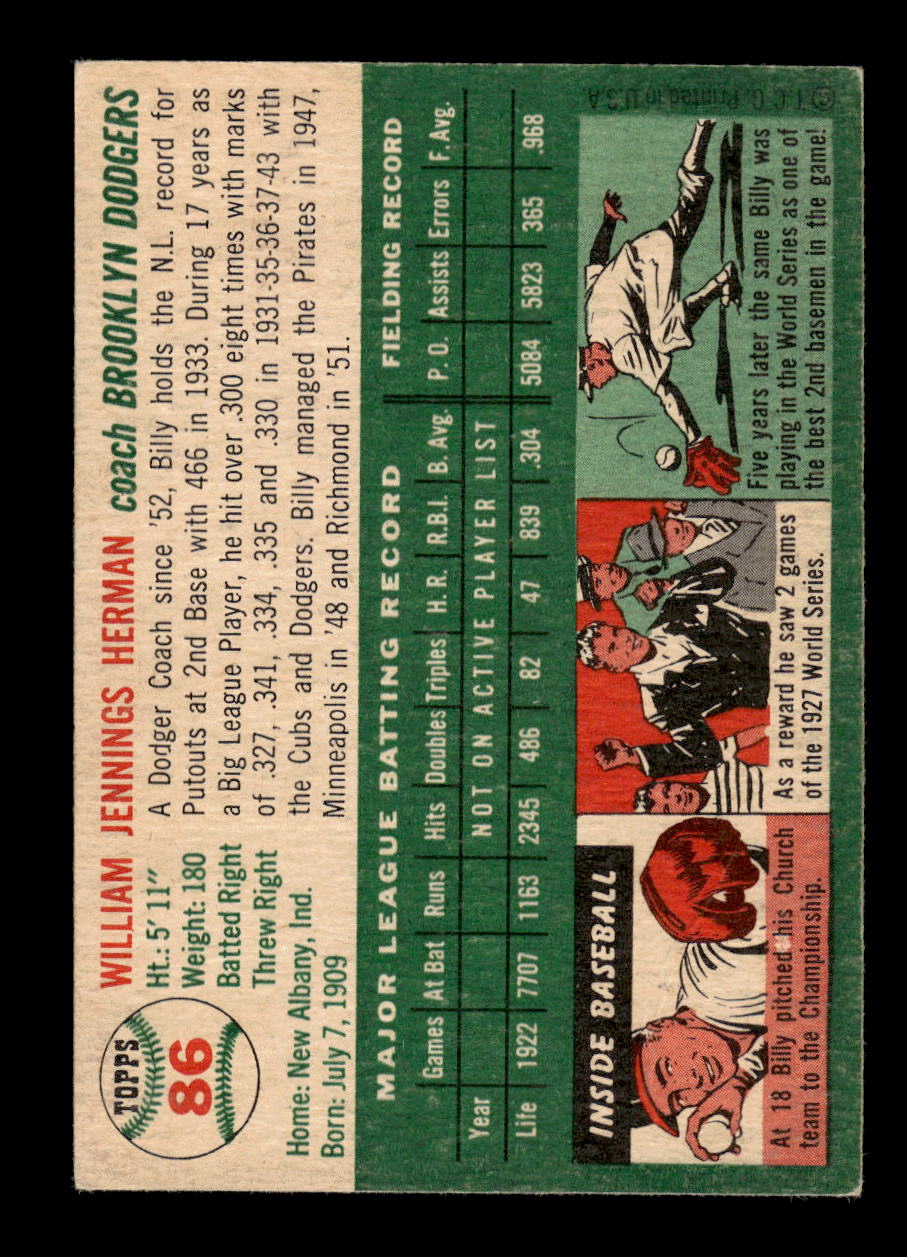 1954 Topps #86 Billy Herman Brooklyn Dodgers VGEX MM26013815
