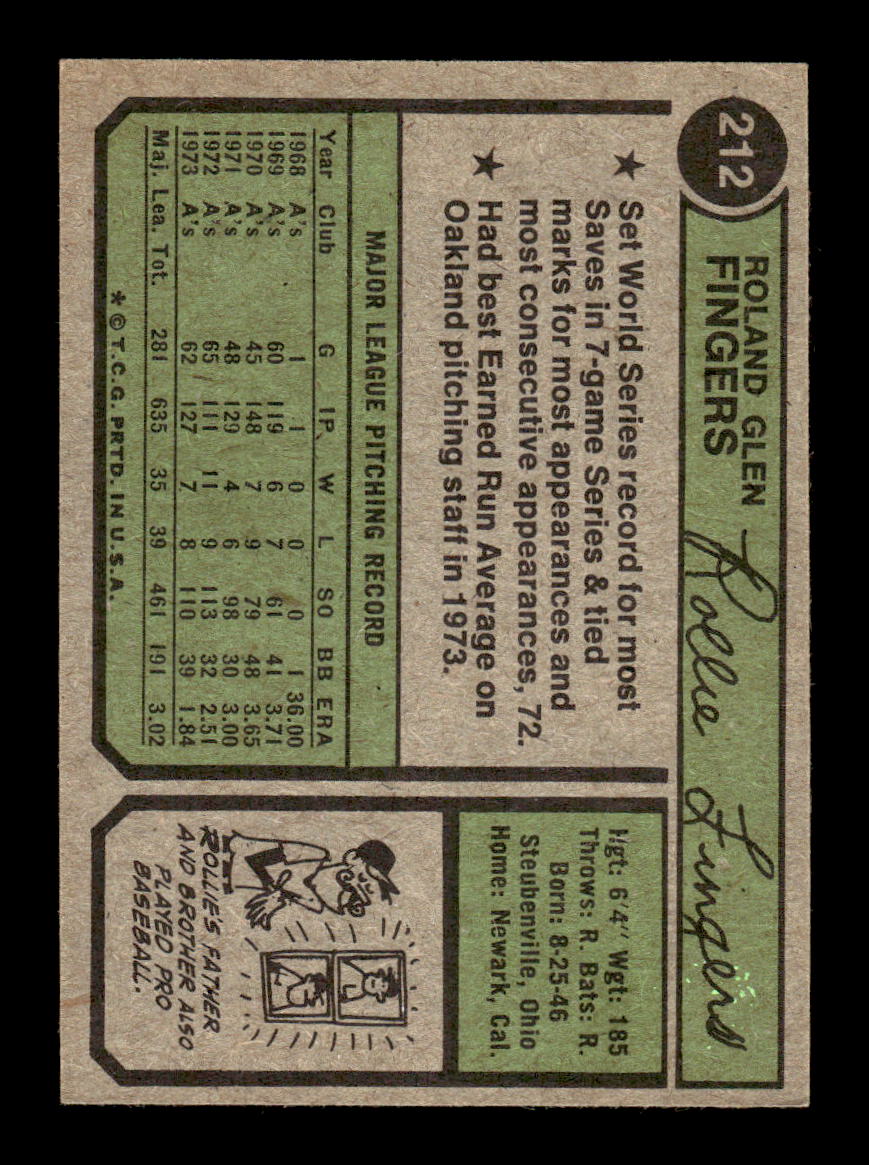 1974 Topps #212 Rollie Fingers Oakland Athletics EX MM26013939