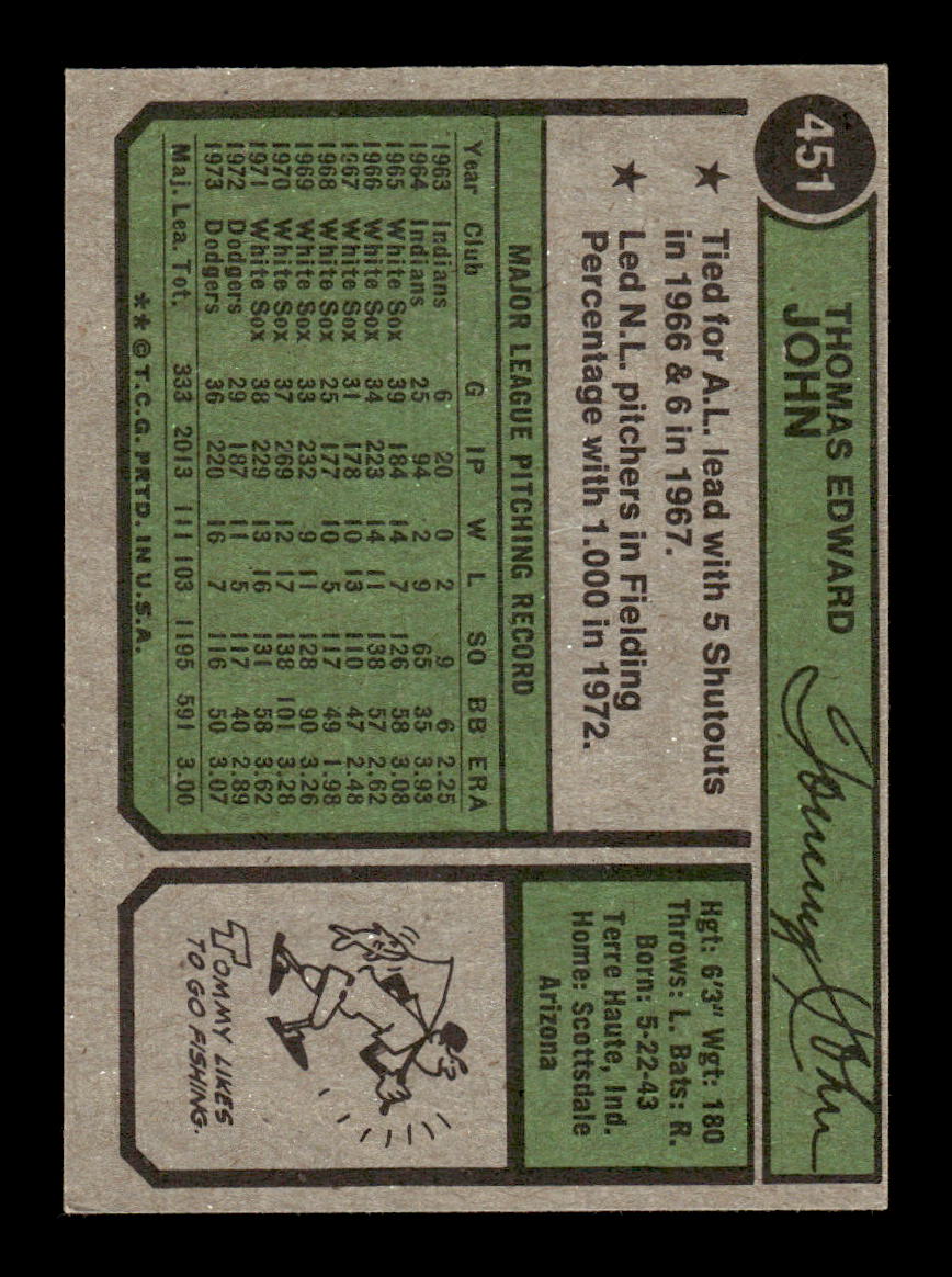 1974 Topps #451 Tommy John Los Angeles Dodgers EX MM26013944