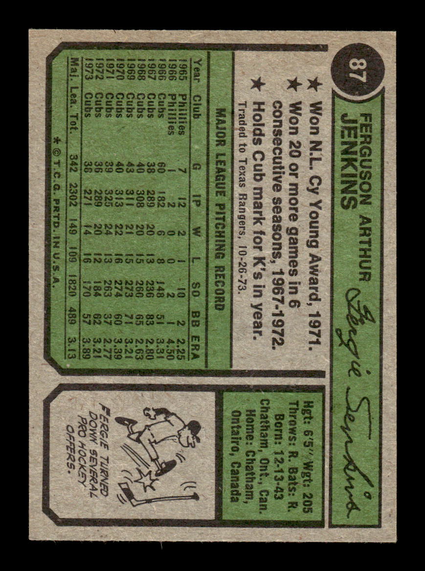 1974 Topps #87 Fergie Jenkins Texas Rangers EX MM26013948