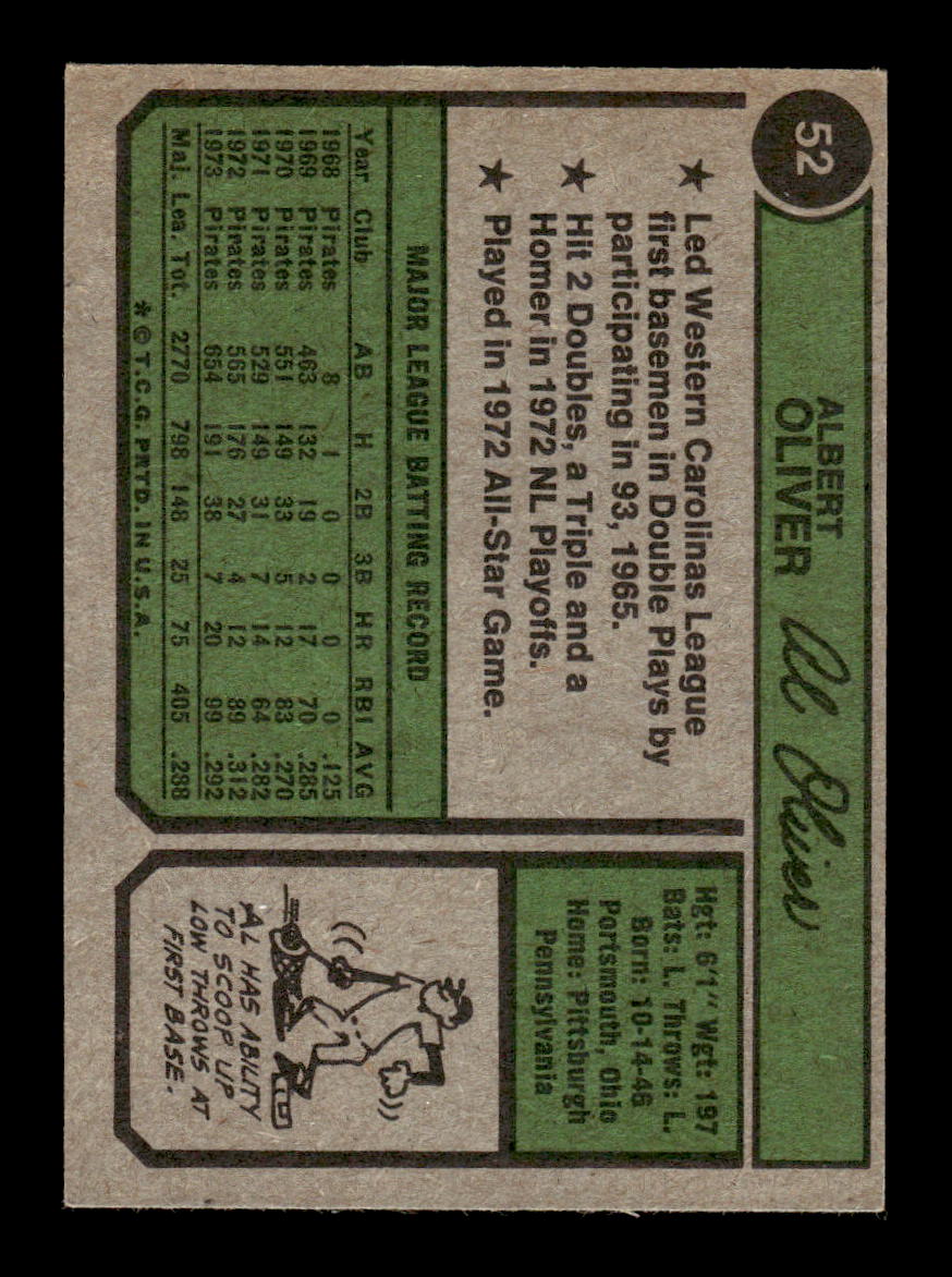 1974 Topps #52 Al Oliver Pittsburgh Pirates EX MM26013949