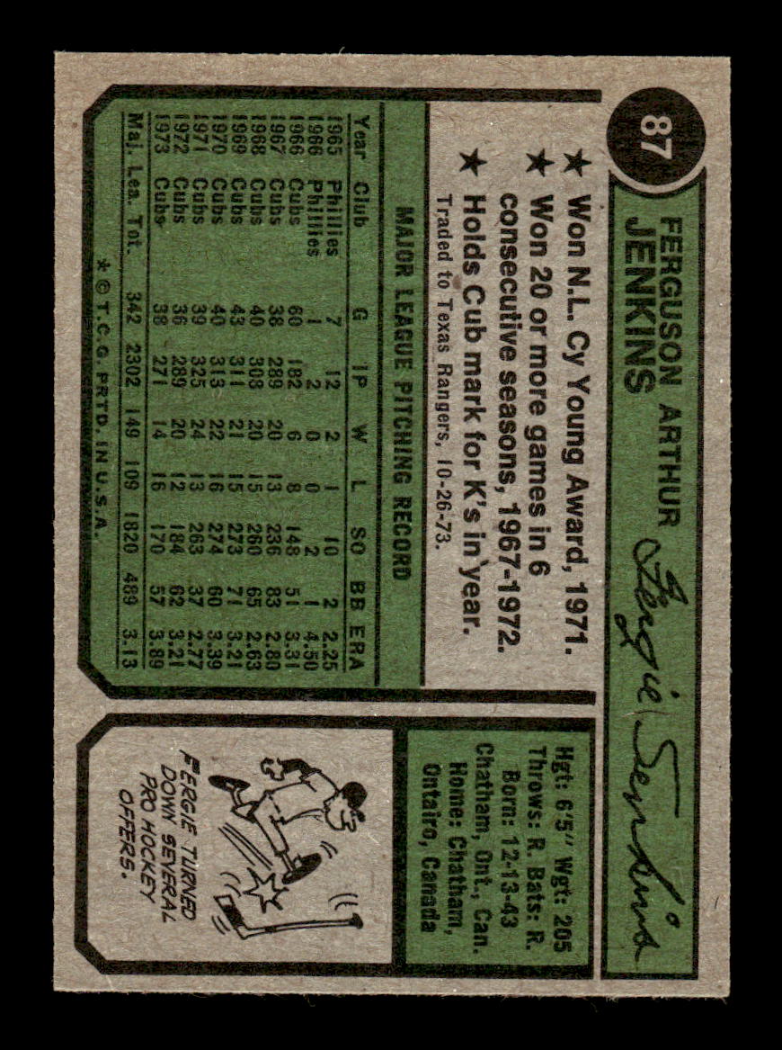 1974 Topps #87 Fergie Jenkins Texas Rangers EX MM26013950