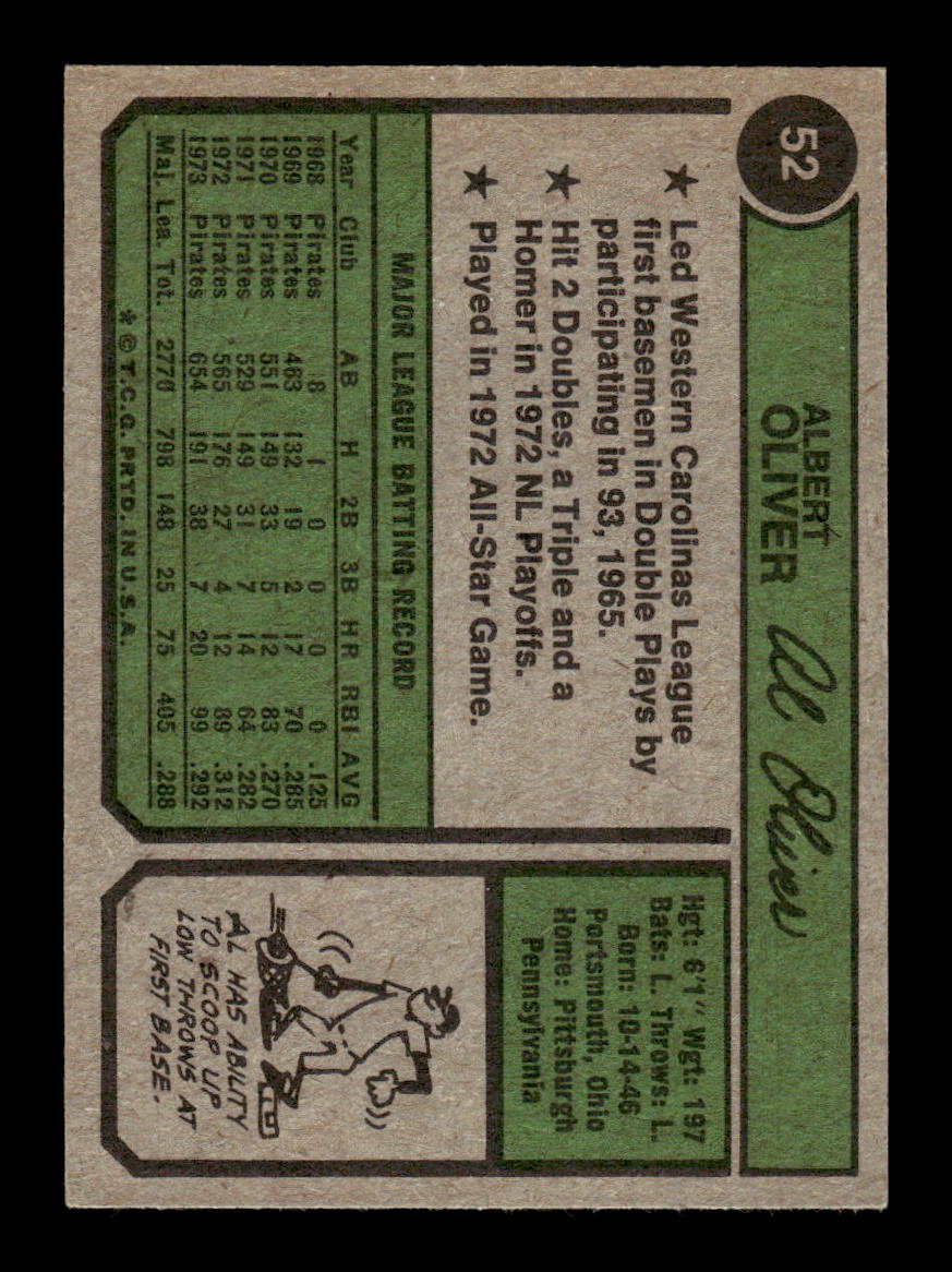 1974 Topps #52 Al Oliver Pittsburgh Pirates EX MM26013951