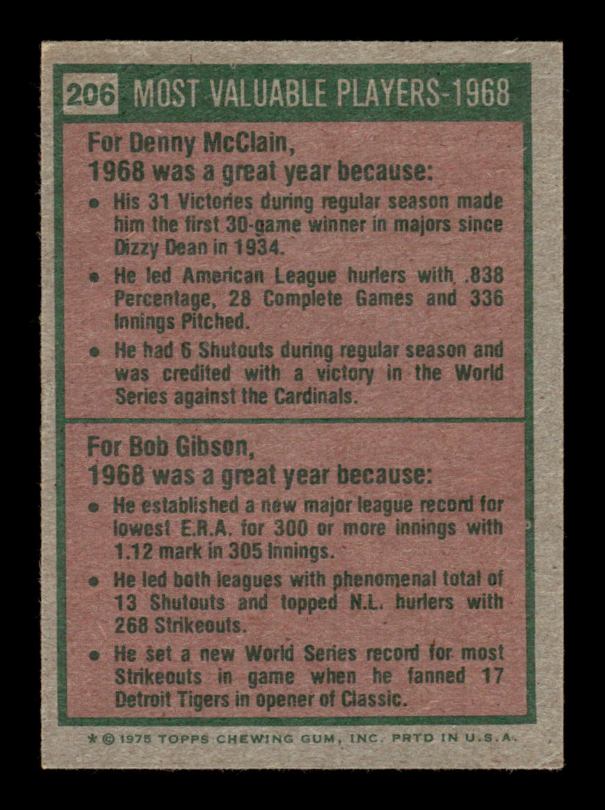 1975 Topps #206 1968 MVPs (Denny McLain / Bob Gibson) EX MM26013952