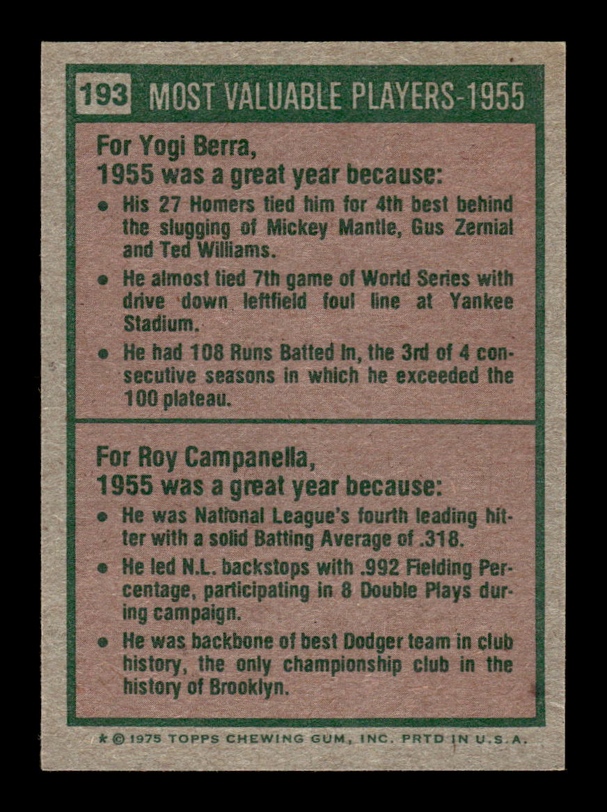 1975 Topps #193 1955 MVPs (Yogi Berra / Roy Campanella) EX MM26013953