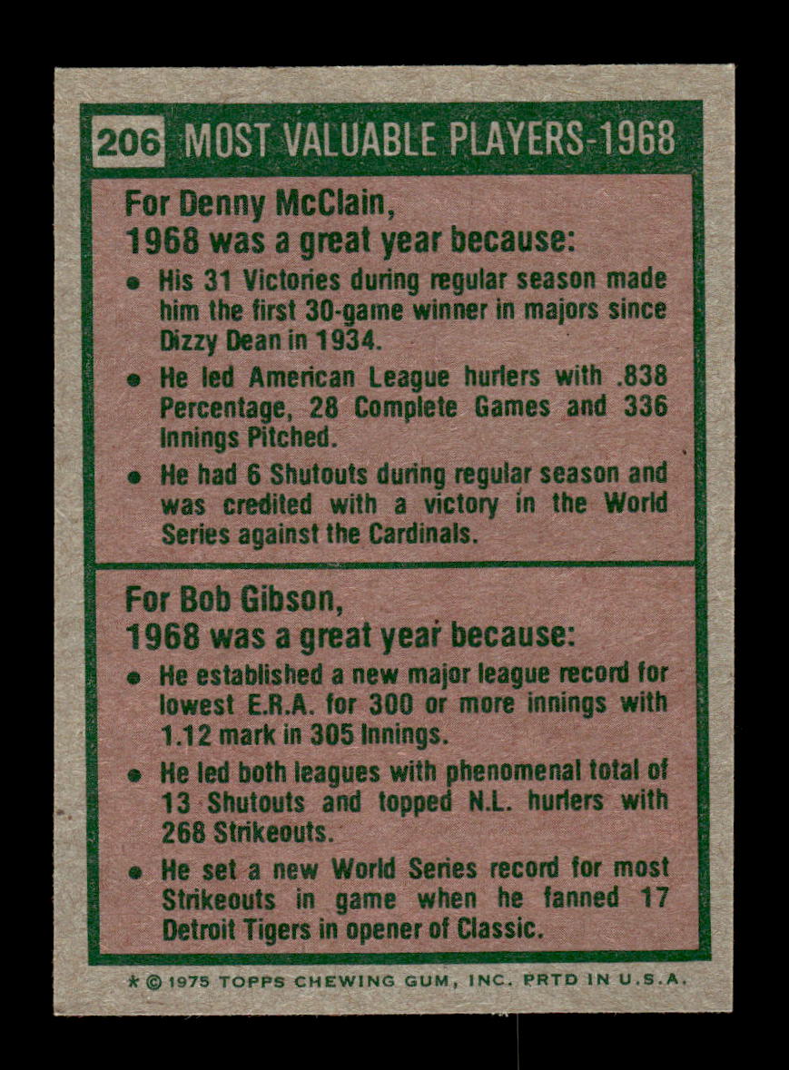 1975 Topps #206 1968 MVPs (Denny McLain / Bob Gibson) EX MM26013954