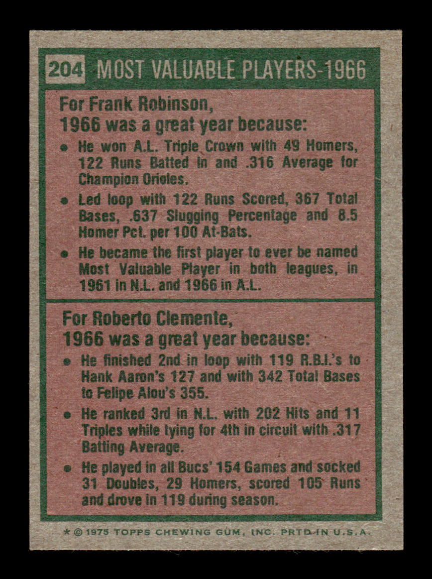 1975 Topps #204 1966 MVPs (Frank Robinson / Bob Clemente) EX MM26013956