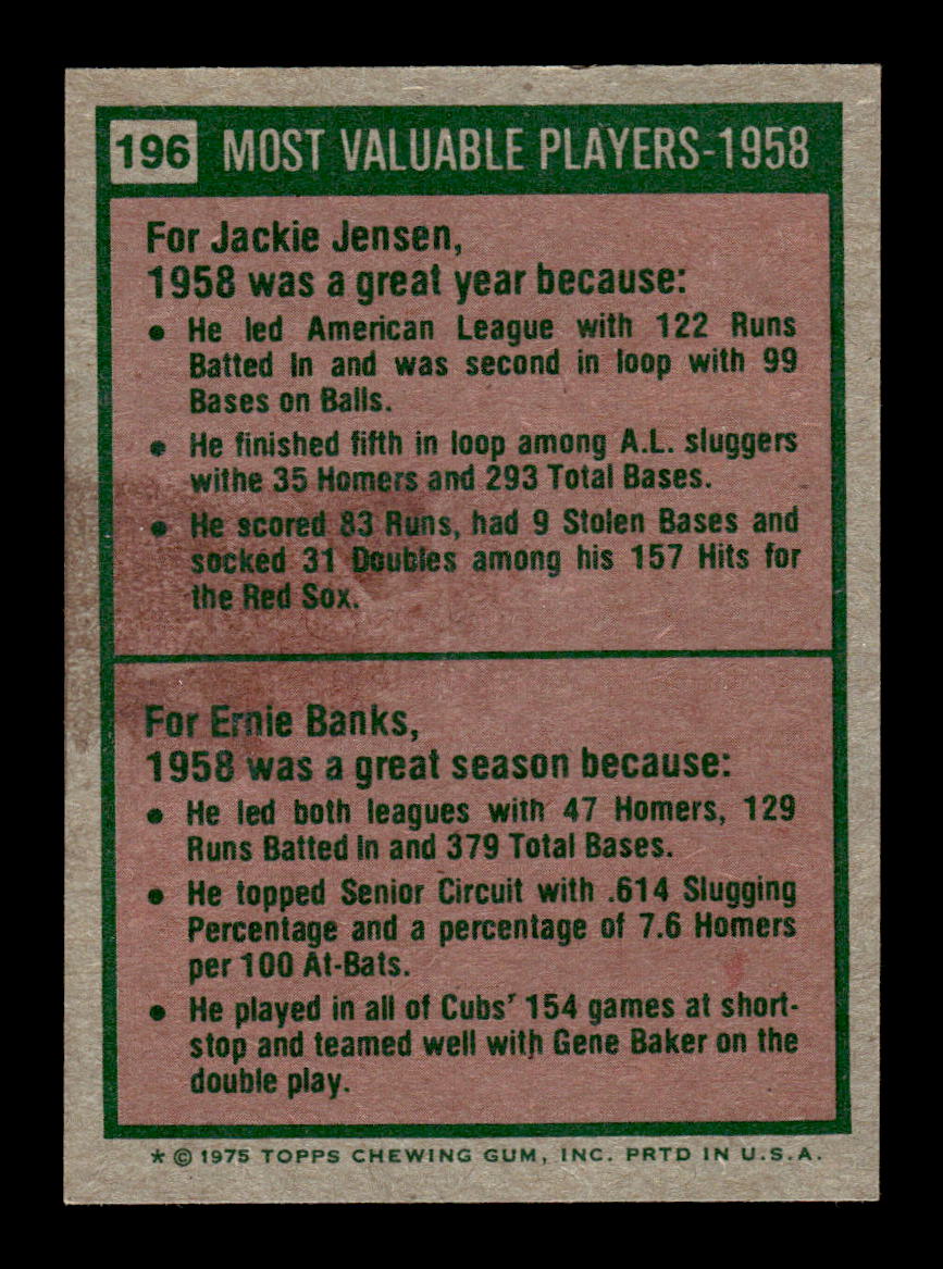 1975 Topps #196 1958 MVPs (Jackie Jensen / Ernie Banks) EX MM26013957