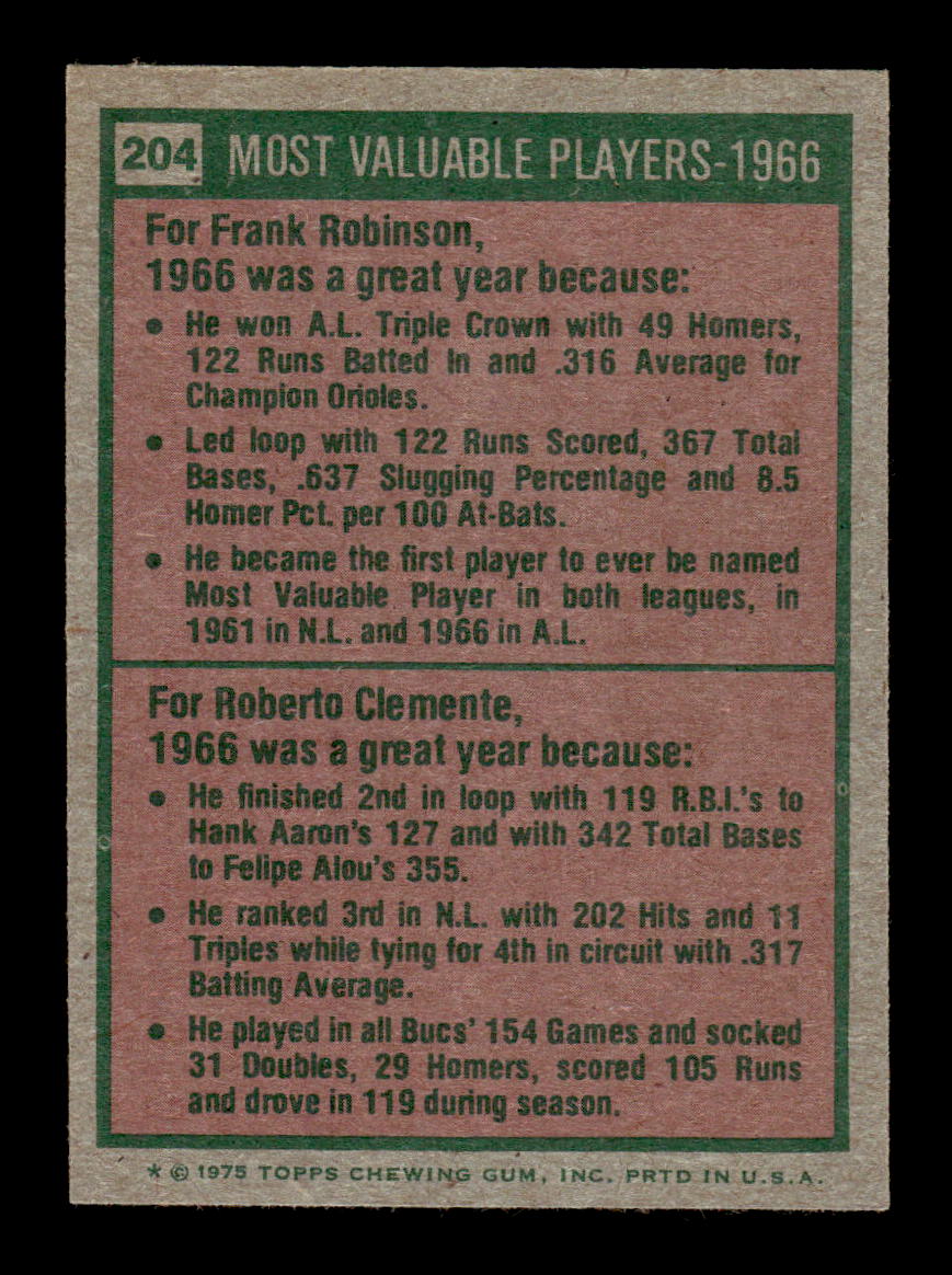 1975 Topps #204 1966 MVPs (Frank Robinson / Bob Clemente) EX MM26013958