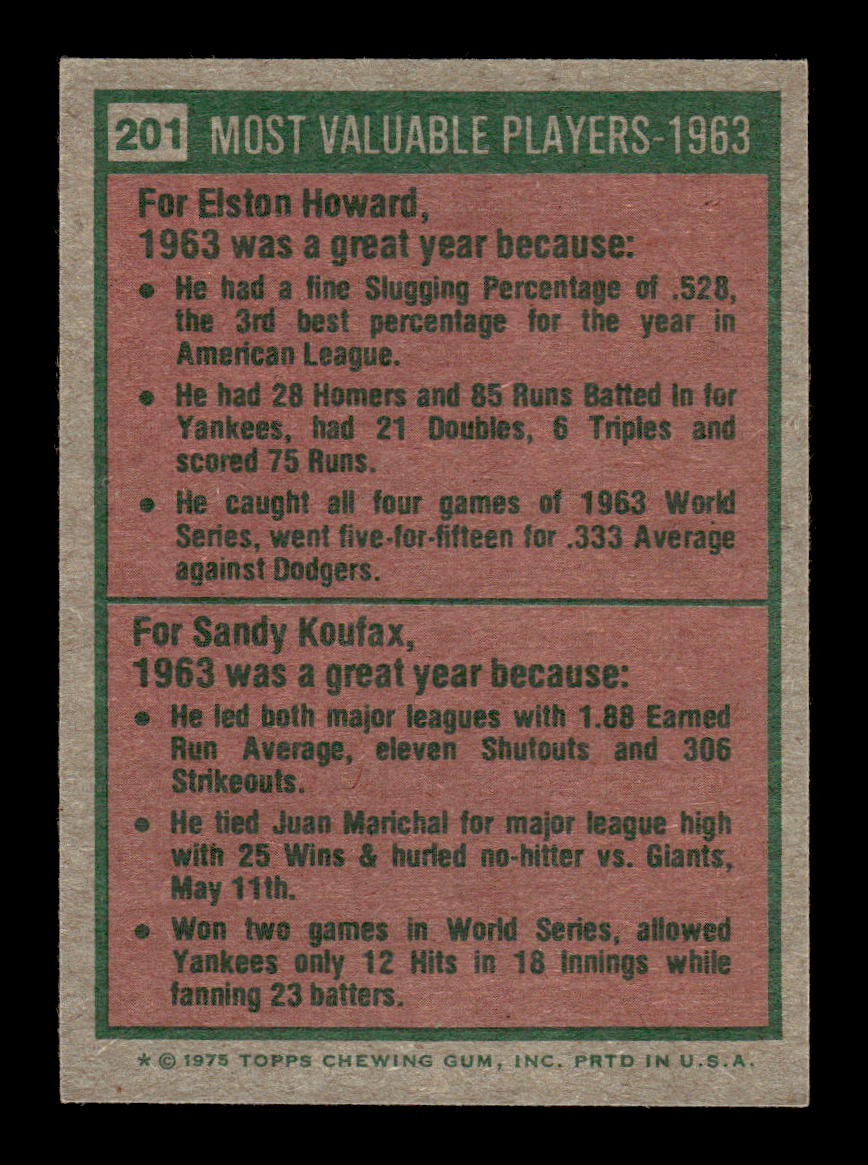 1975 Topps #201 1963 MVPs (Elston Howard / Sandy Koufax) EX MM26013960