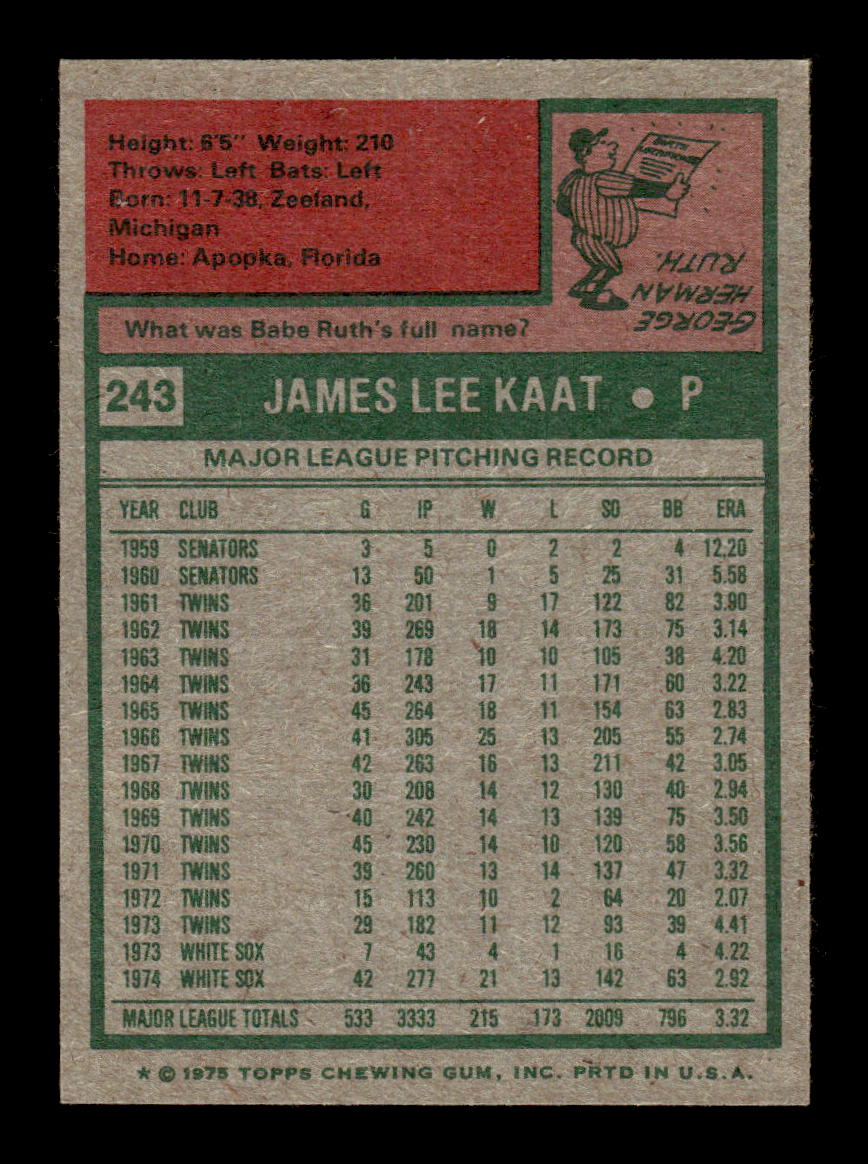 1975 Topps #243 Jim Kaat Chicago White Sox EX MM26013961