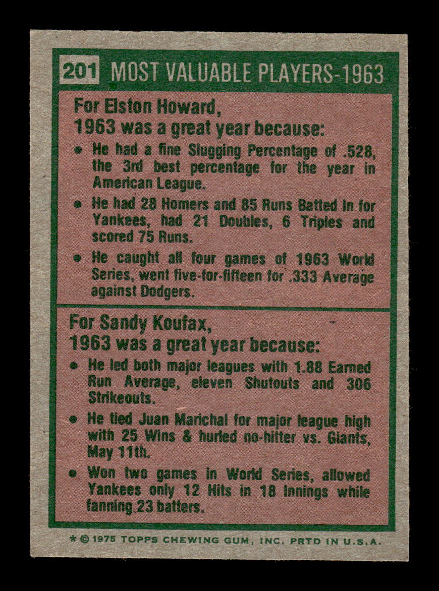 1975 Topps #201 1963 MVPs (Elston Howard / Sandy Koufax) EX MM26013962
