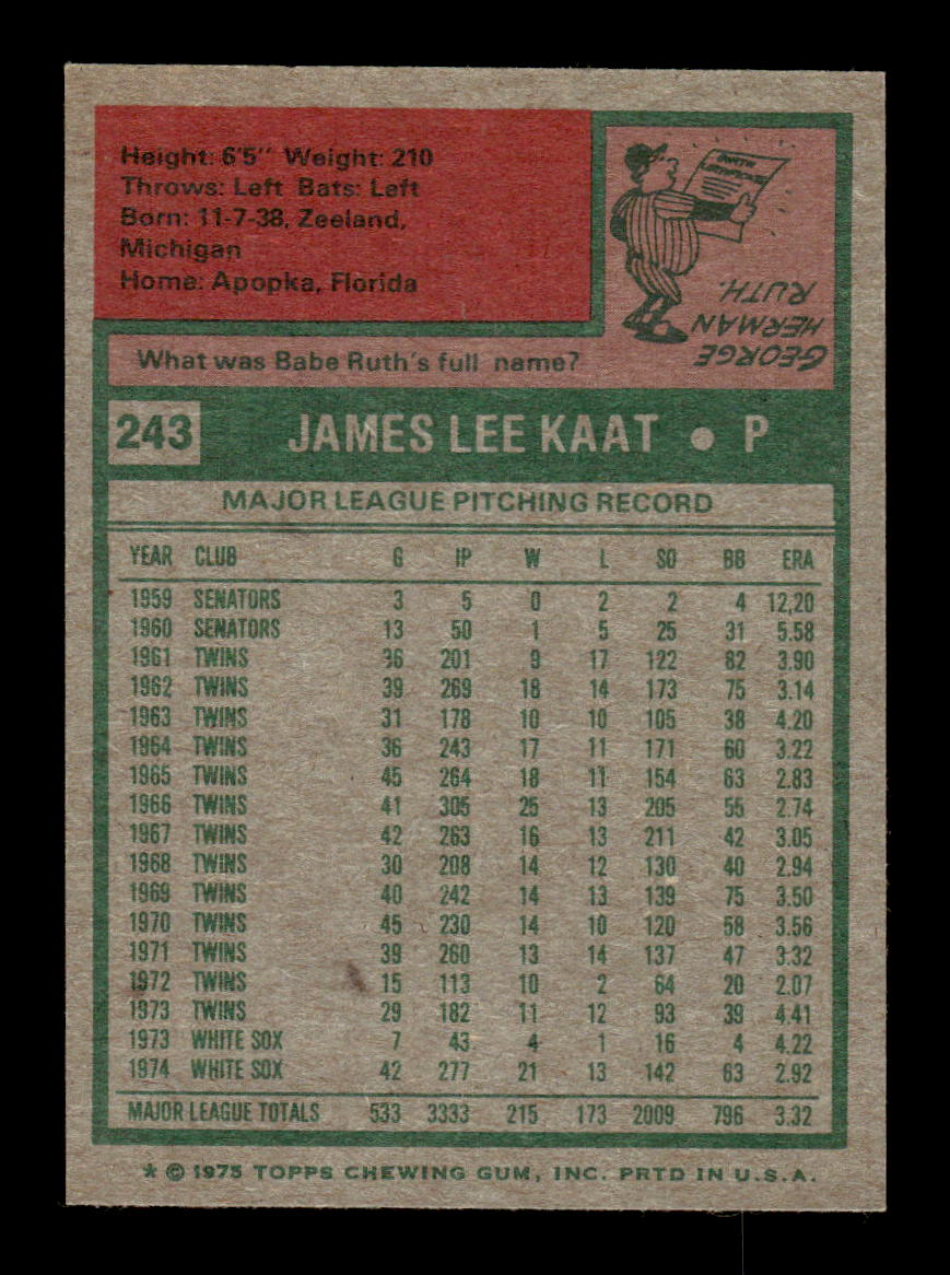 1975 Topps #243 Jim Kaat Chicago White Sox EX MM26013963