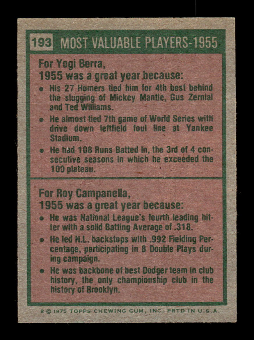 1975 Topps #193 1955 MVPs (Yogi Berra / Roy Campanella) EX MM26013964
