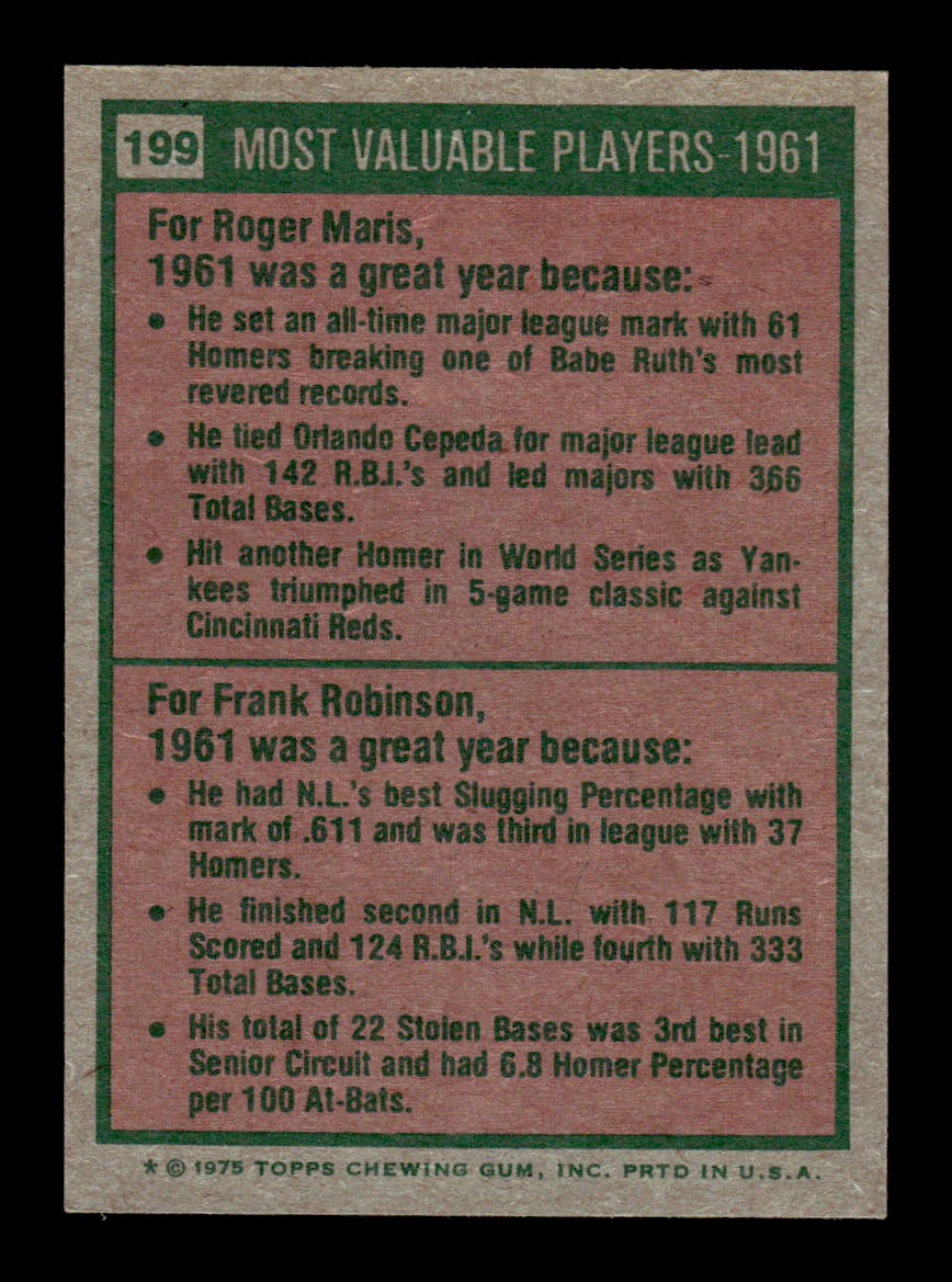 1975 Topps #199 1961 MVPs (Roger Maris / Frank Robinson) EX MM26013968