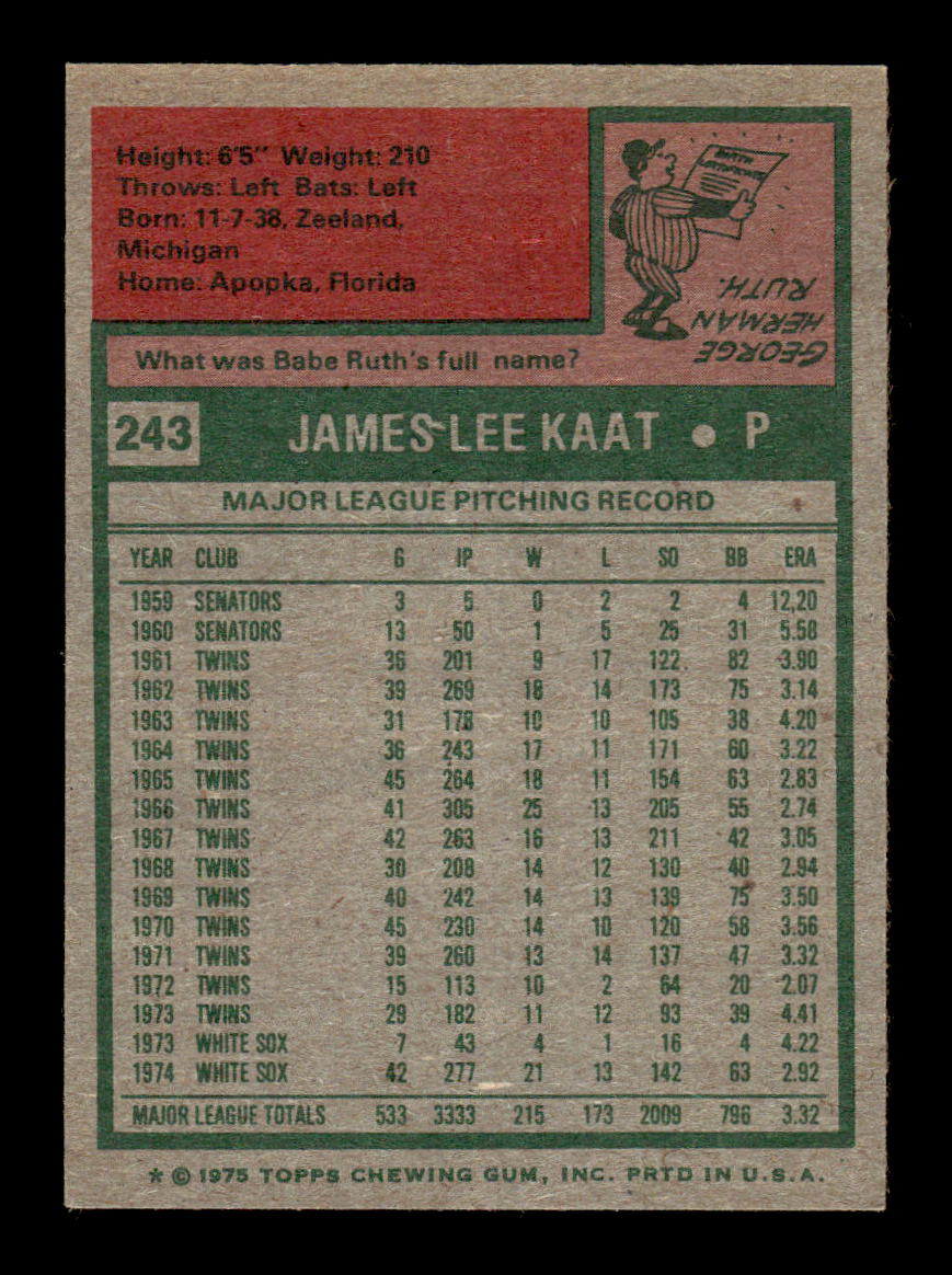 1975 Topps #243 Jim Kaat Chicago White Sox EX MM26013969