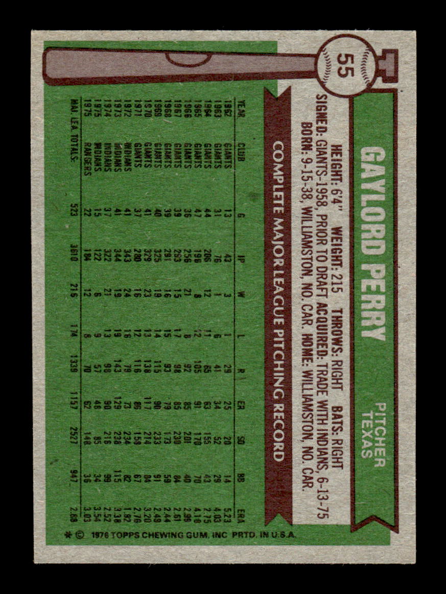 1976 Topps #55 Gaylord Perry Texas Rangers EX MM26013971