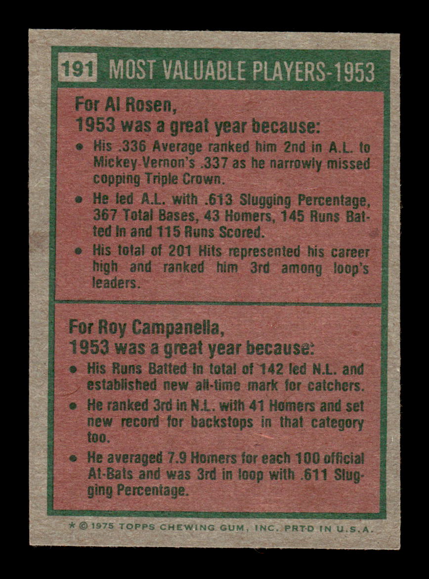1975 Topps #191 1953 MVPs (Al Rosen / Roy Campanella) EX MM26013972