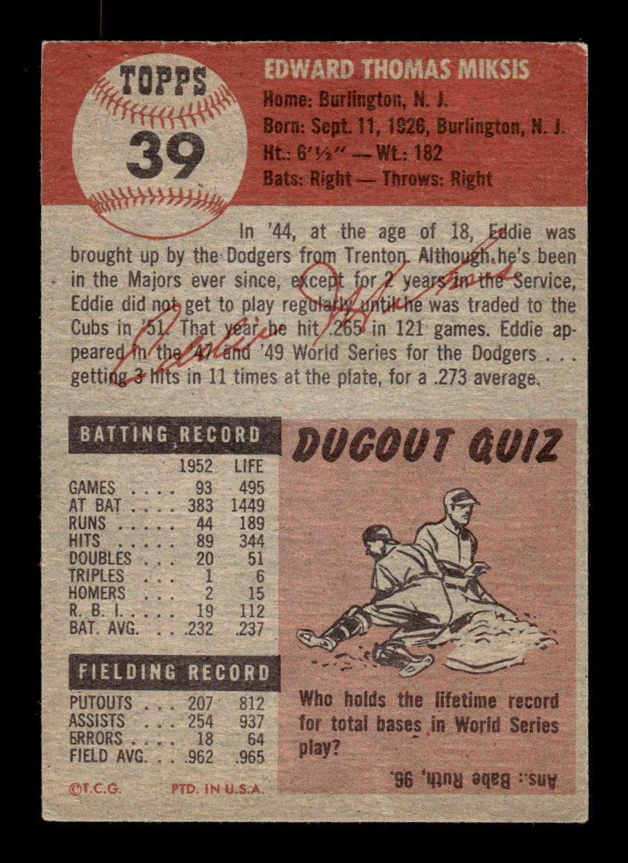 1953 Topps #39 Eddie Miksis Chicago Cubs VGEX MM26013975