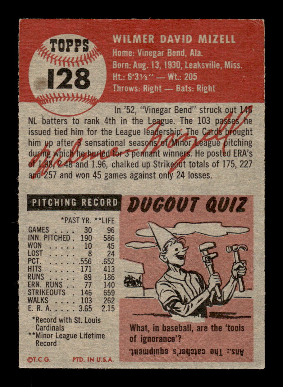 1953 Topps #128a Wilmer Mizell St. Louis Cardinals G/VG MM26013976