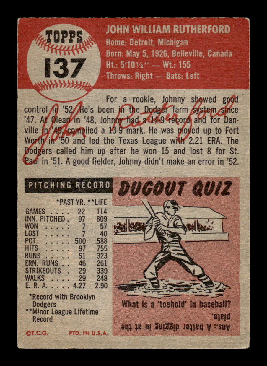 1953 Topps #137a John Rutherford Brooklyn Dodgers VGEX MM26013978