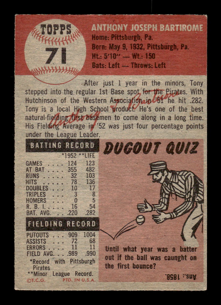 1953 Topps #71 Tony Bartirome Pittsburgh Pirates VGEX MM26013981
