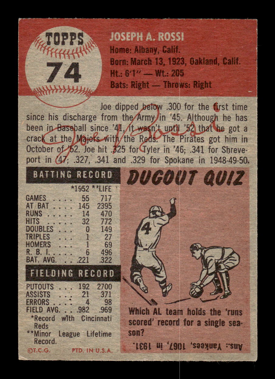 1953 Topps #74 Joe Rossi Pittsburgh Pirates Poor MM26013982