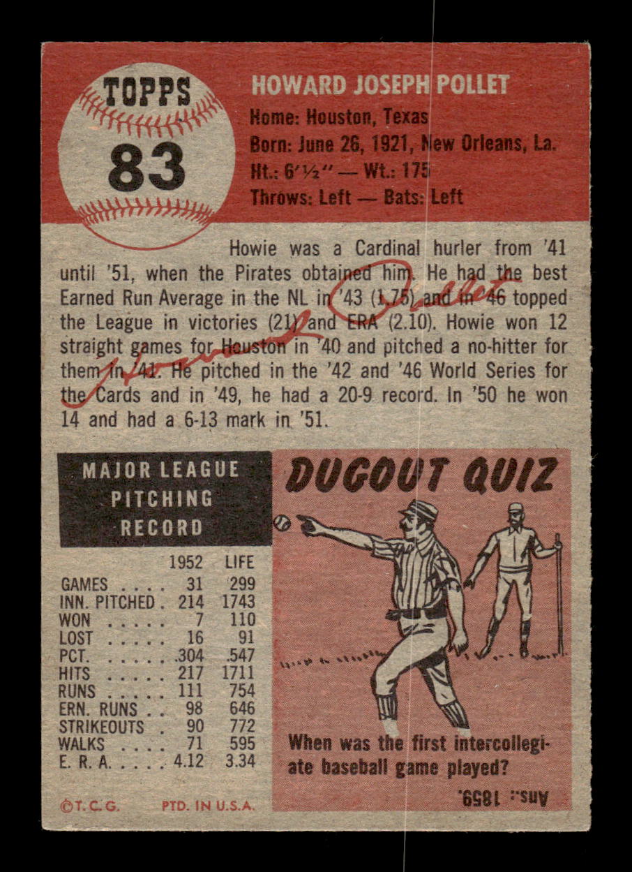 1953 Topps #83 Howie Pollet Pittsburgh Pirates EX MM26013983