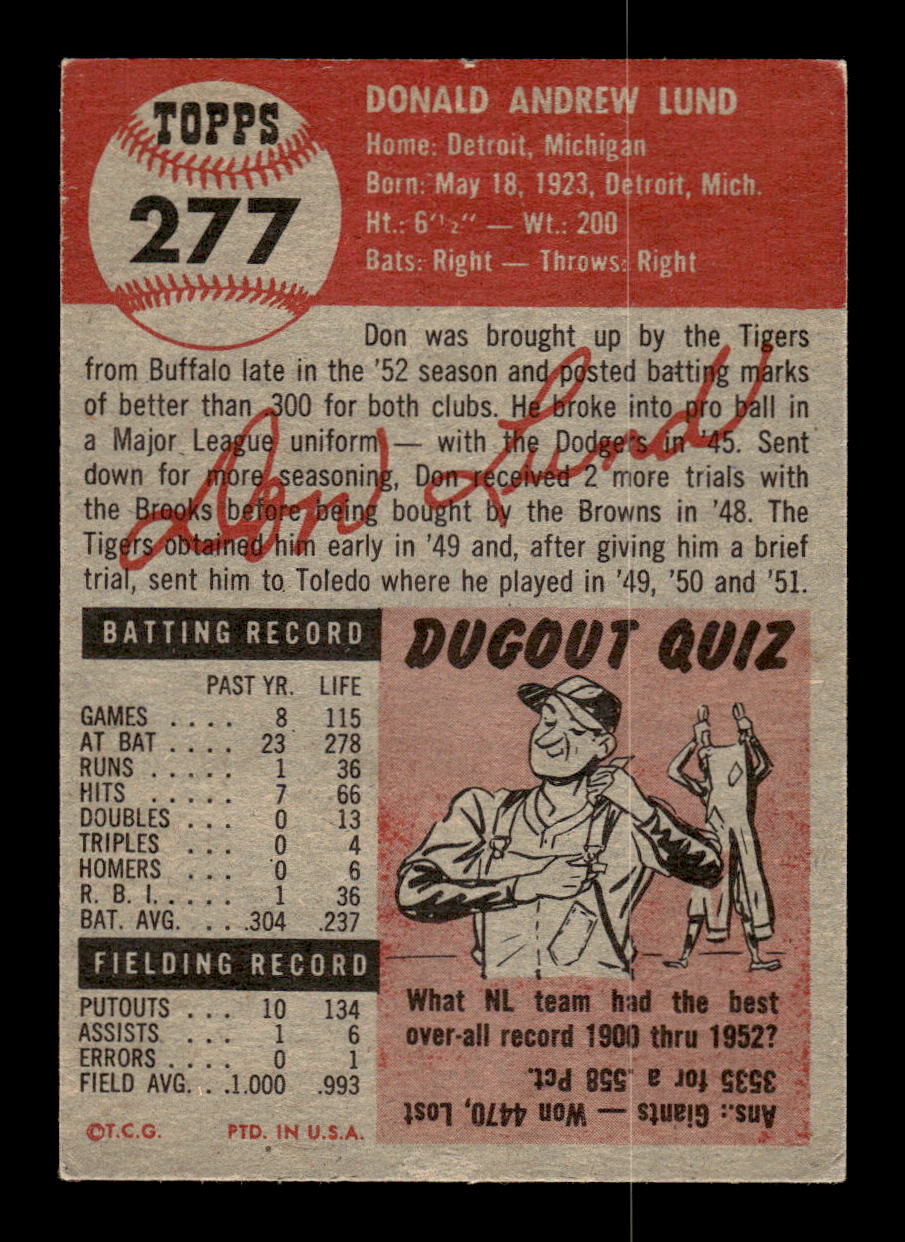 1953 Topps #277 Don Lund Detroit Tigers EX MM26013984