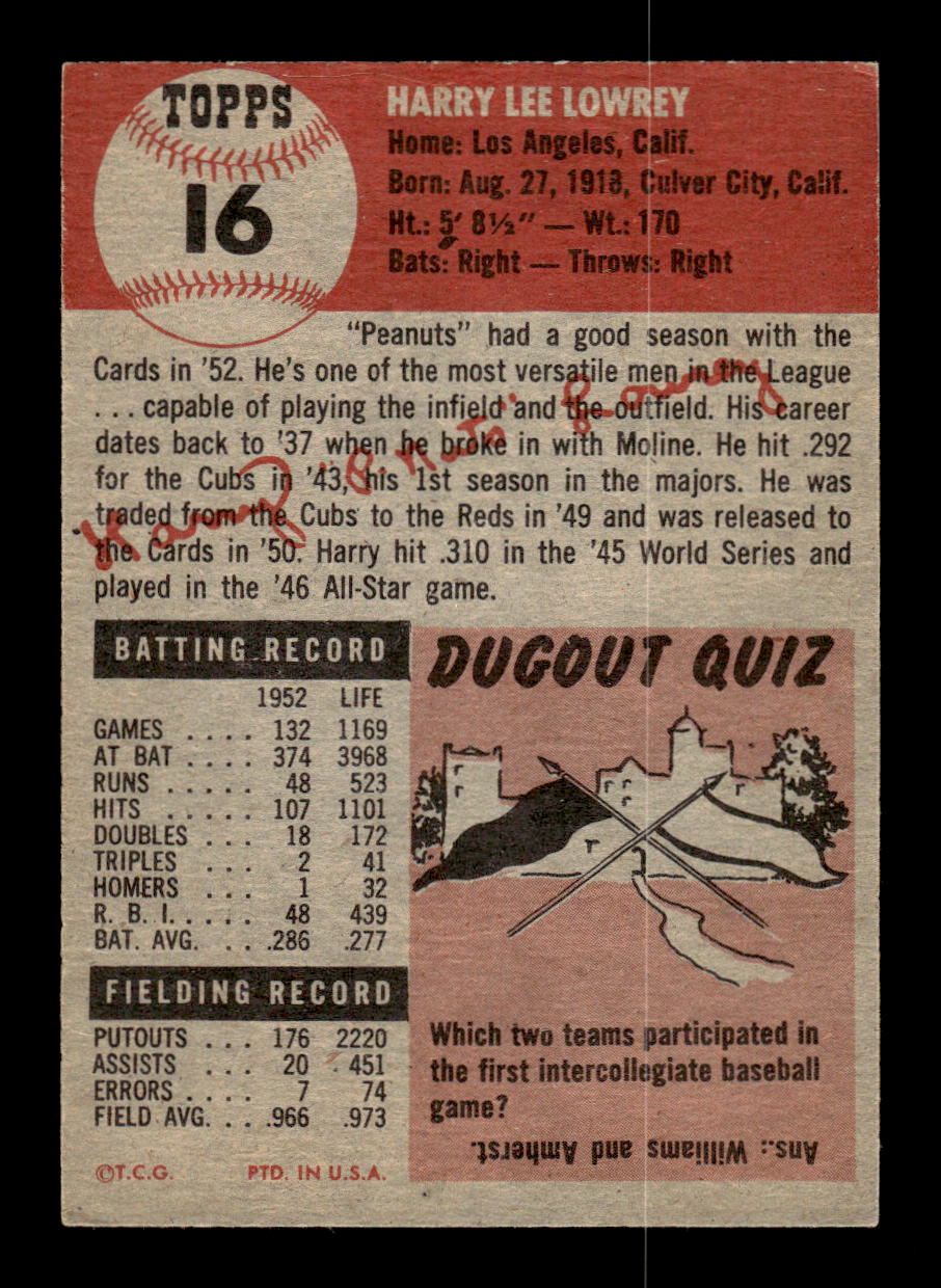 1953 Topps #16 Peanuts Lowrey St. Louis Cardinals VG MM26013985