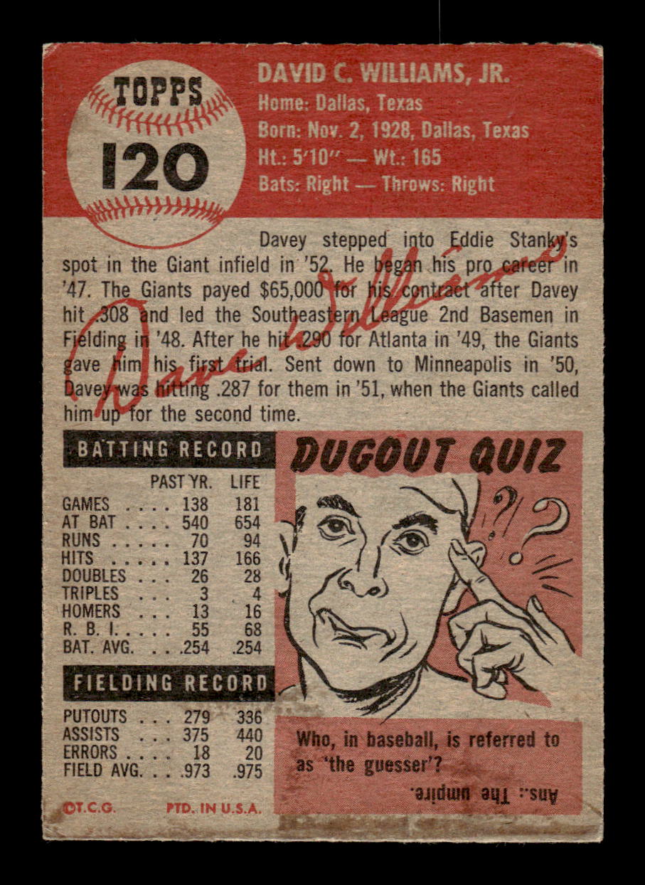 1953 Topps #120a Davey Williams New York Giants VG MM26013986