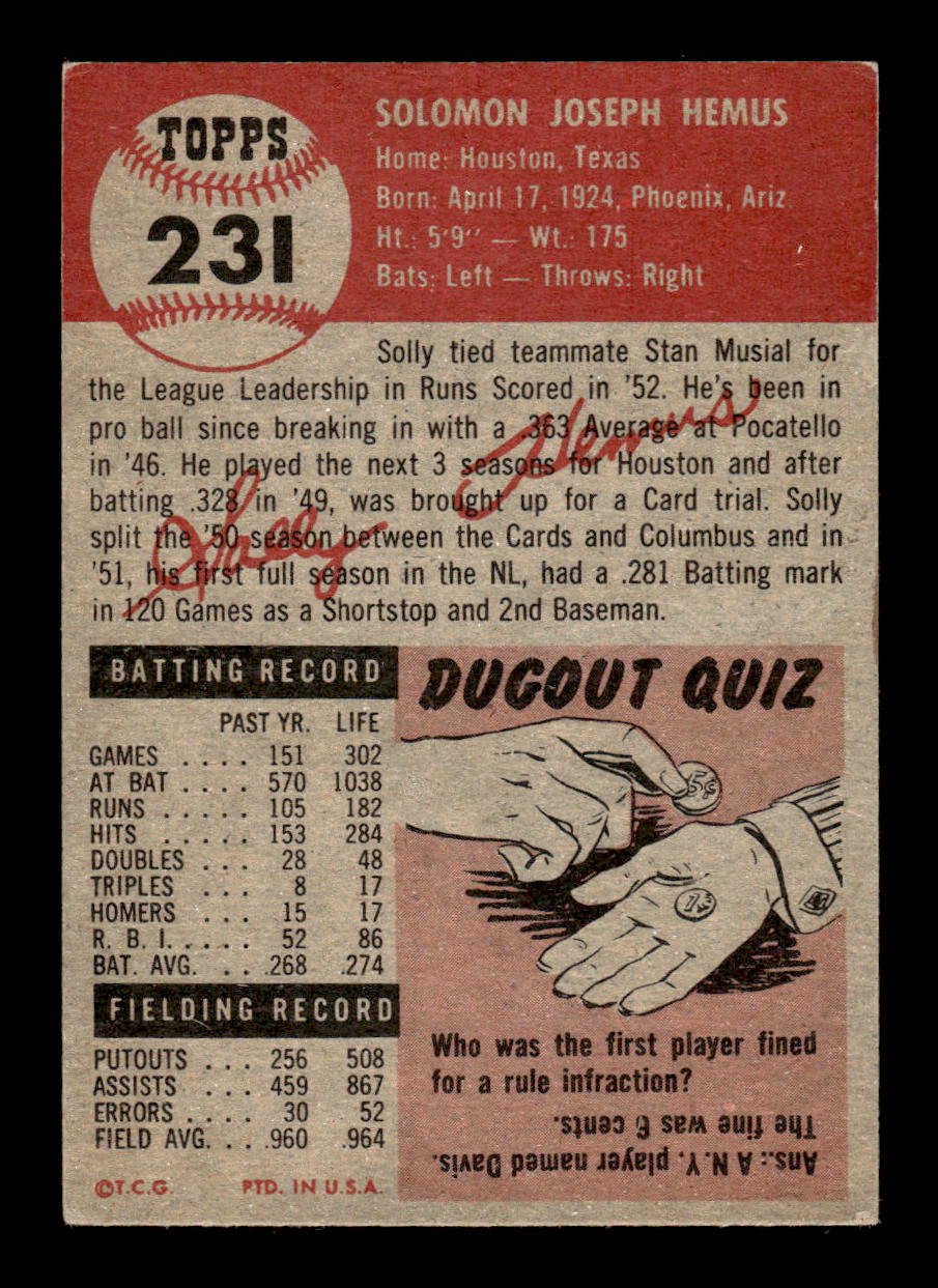 1953 Topps #231 Solly Hemus St. Louis Cardinals VGEX MM26013987