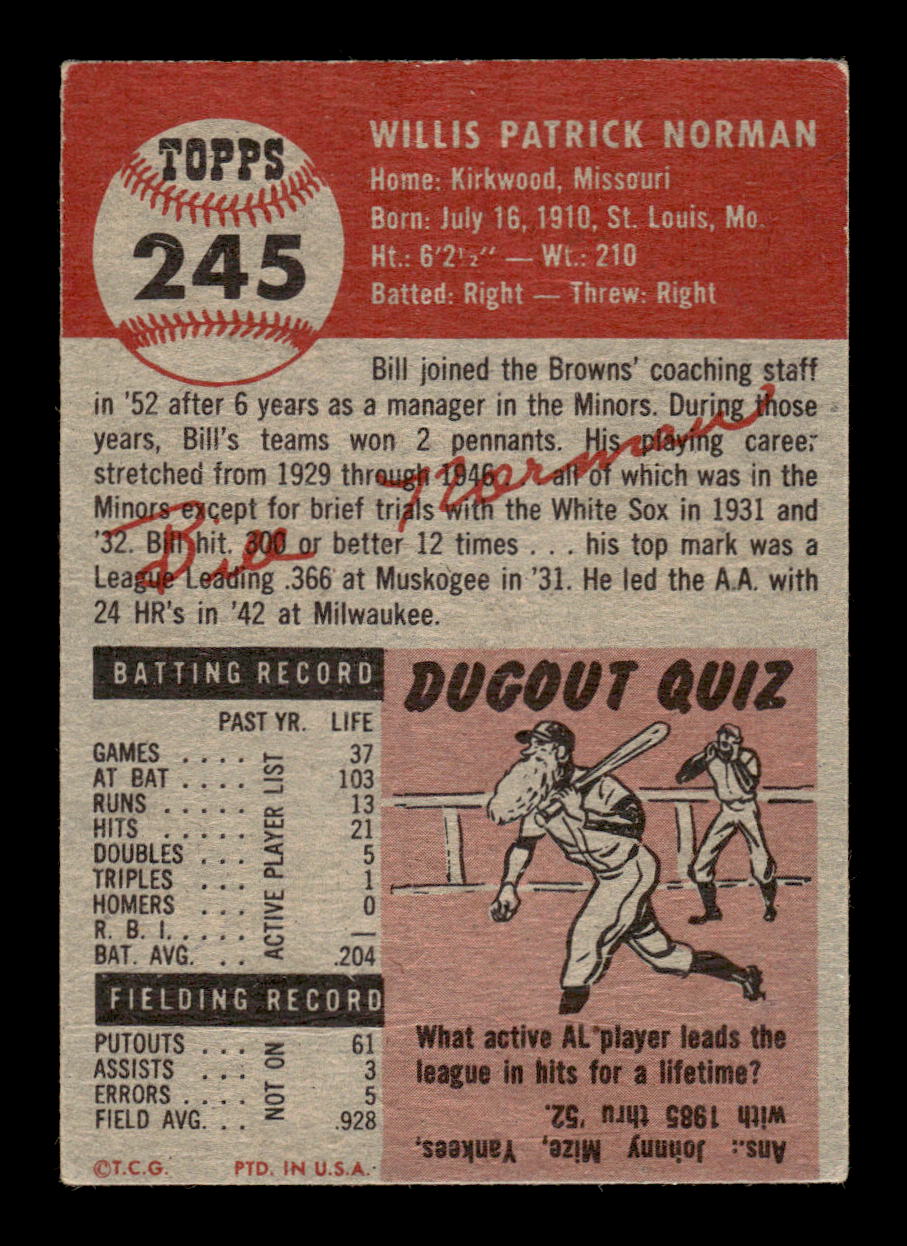 1953 Topps #245 Bill Norman St. Louis Browns VG MM26013993