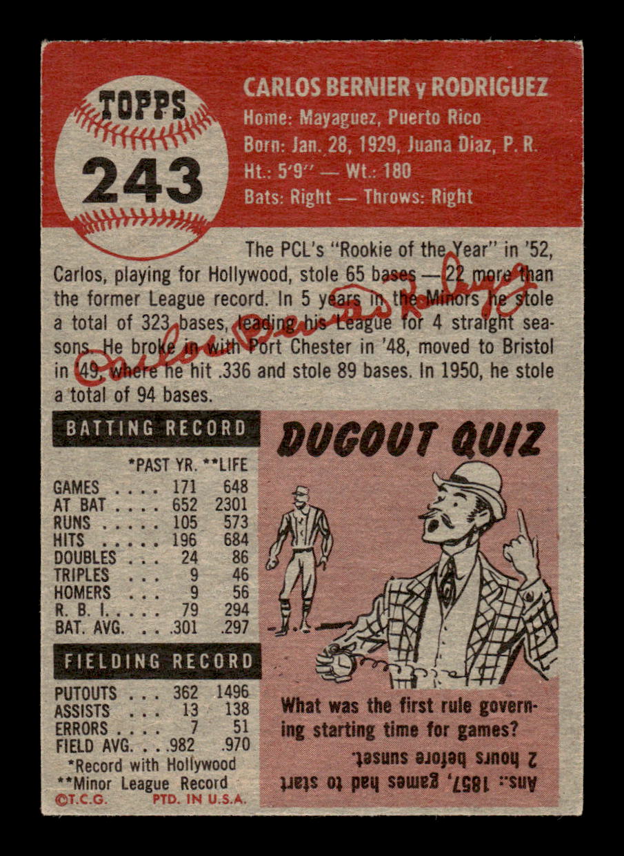 1953 Topps #243 Carlos Bernier Pittsburgh Pirates VG MM26013994