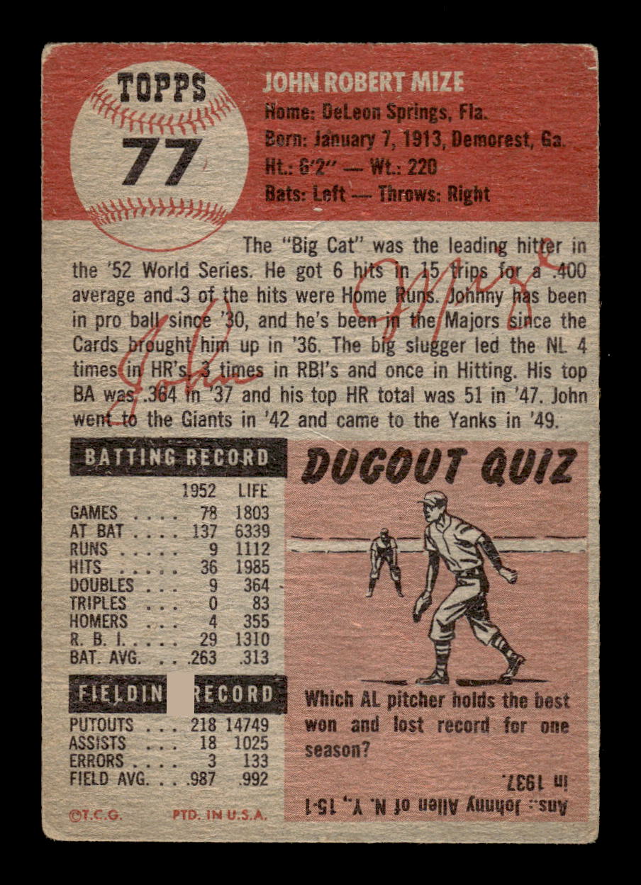 1953 Topps #77 Johnny Mize New York Yankees G/VG MM26013998