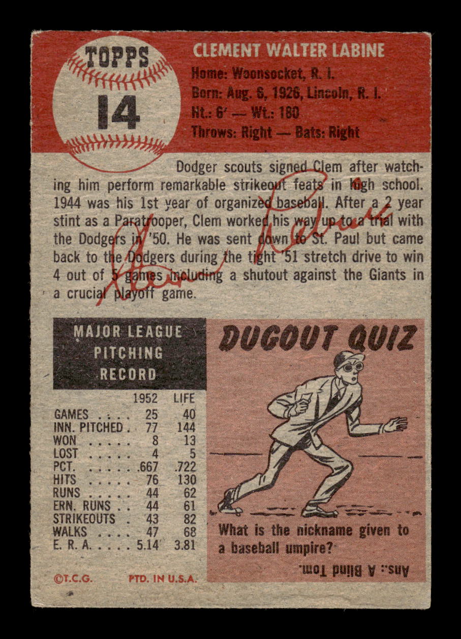 1953 Topps #14 Clem Labine Brooklyn Dodgers G/VG MM26013999