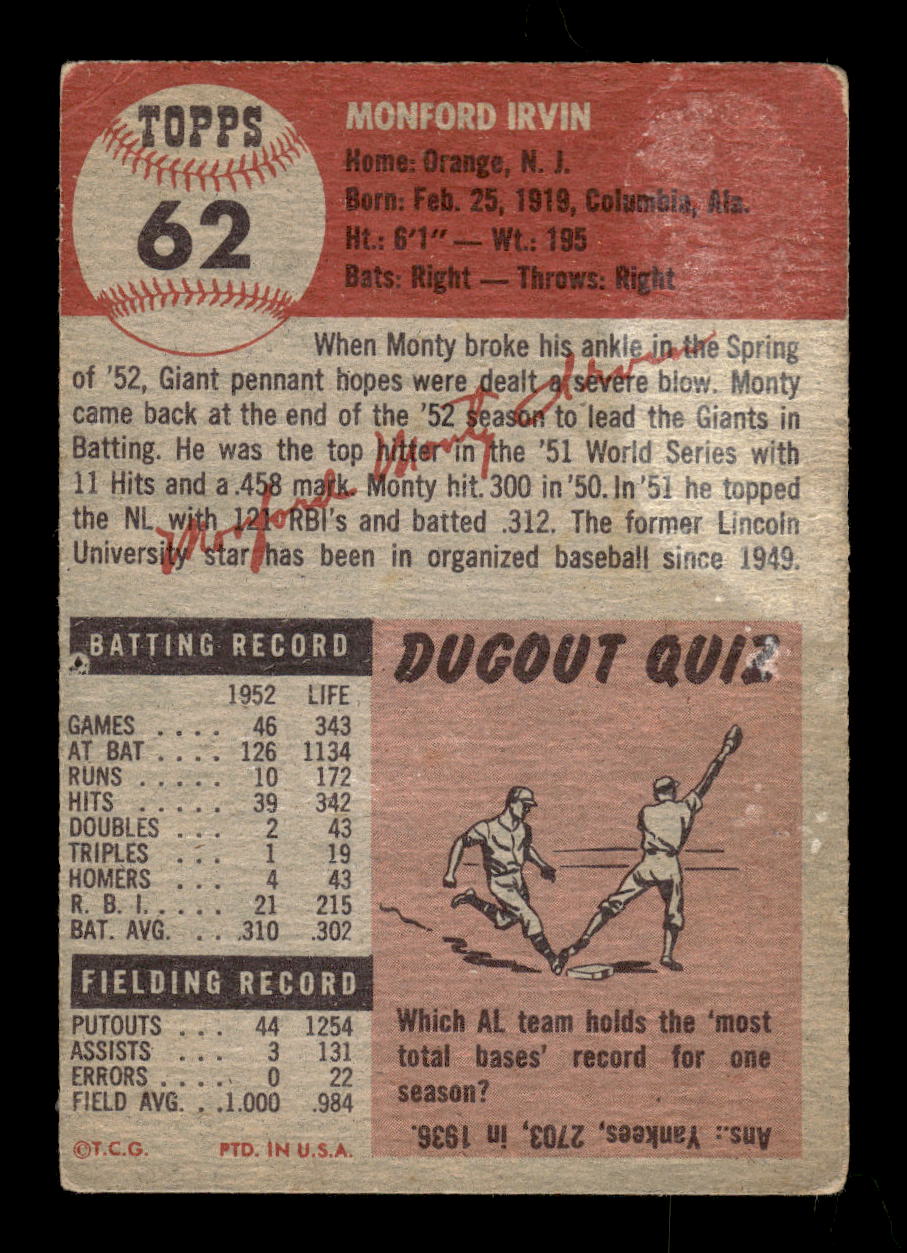 1953 Topps #62 Monte Irvin New York Giants G/VG MM26014009