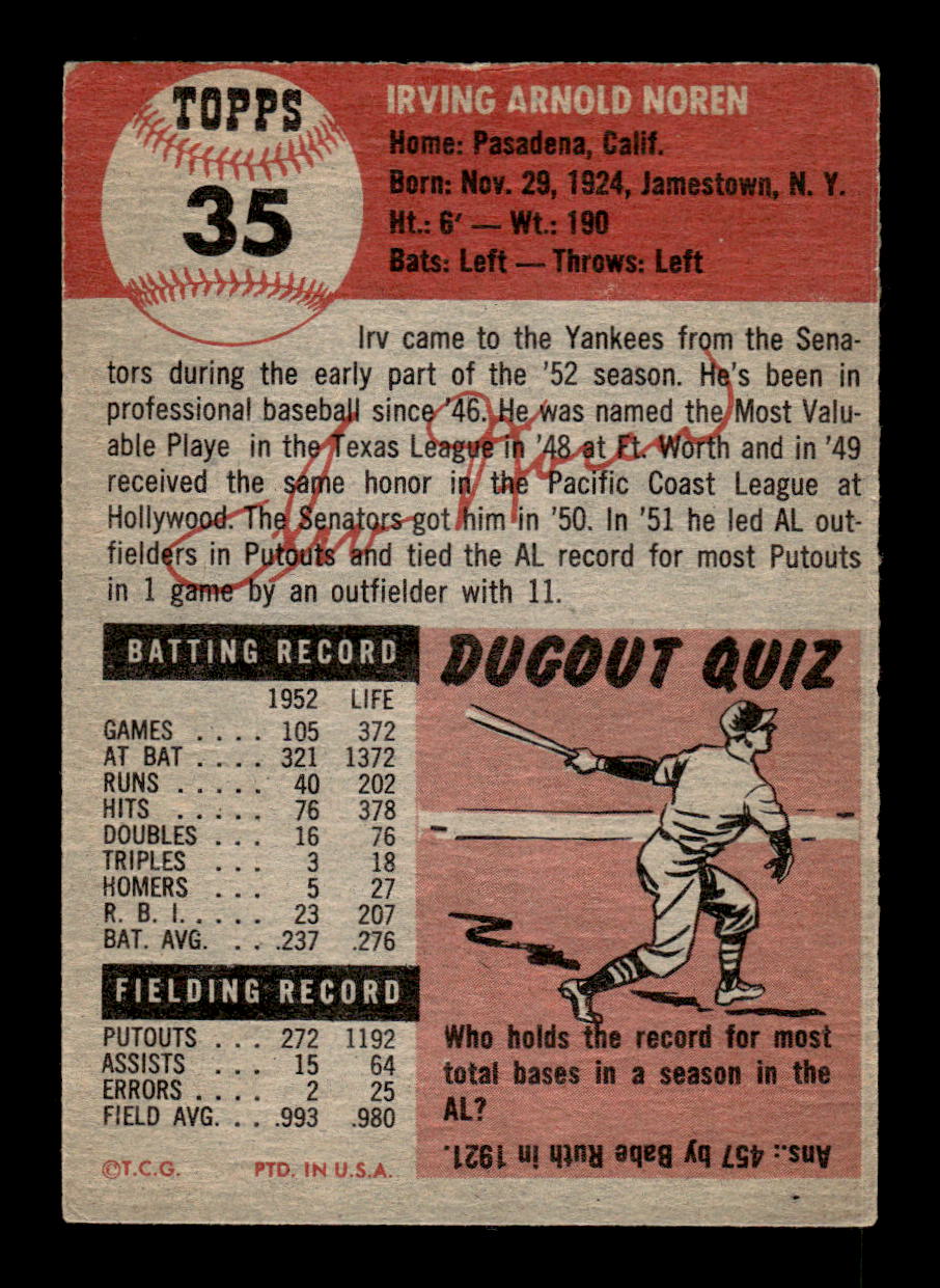 1953 Topps #35 Irv Noren New York Yankees VG MM26014012