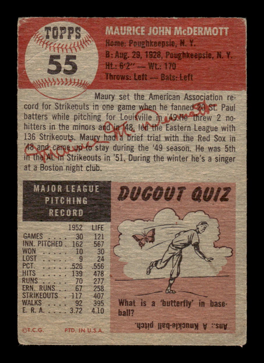 1953 Topps #55 Maurice McDermott Boston Red Sox Poor MM26014015