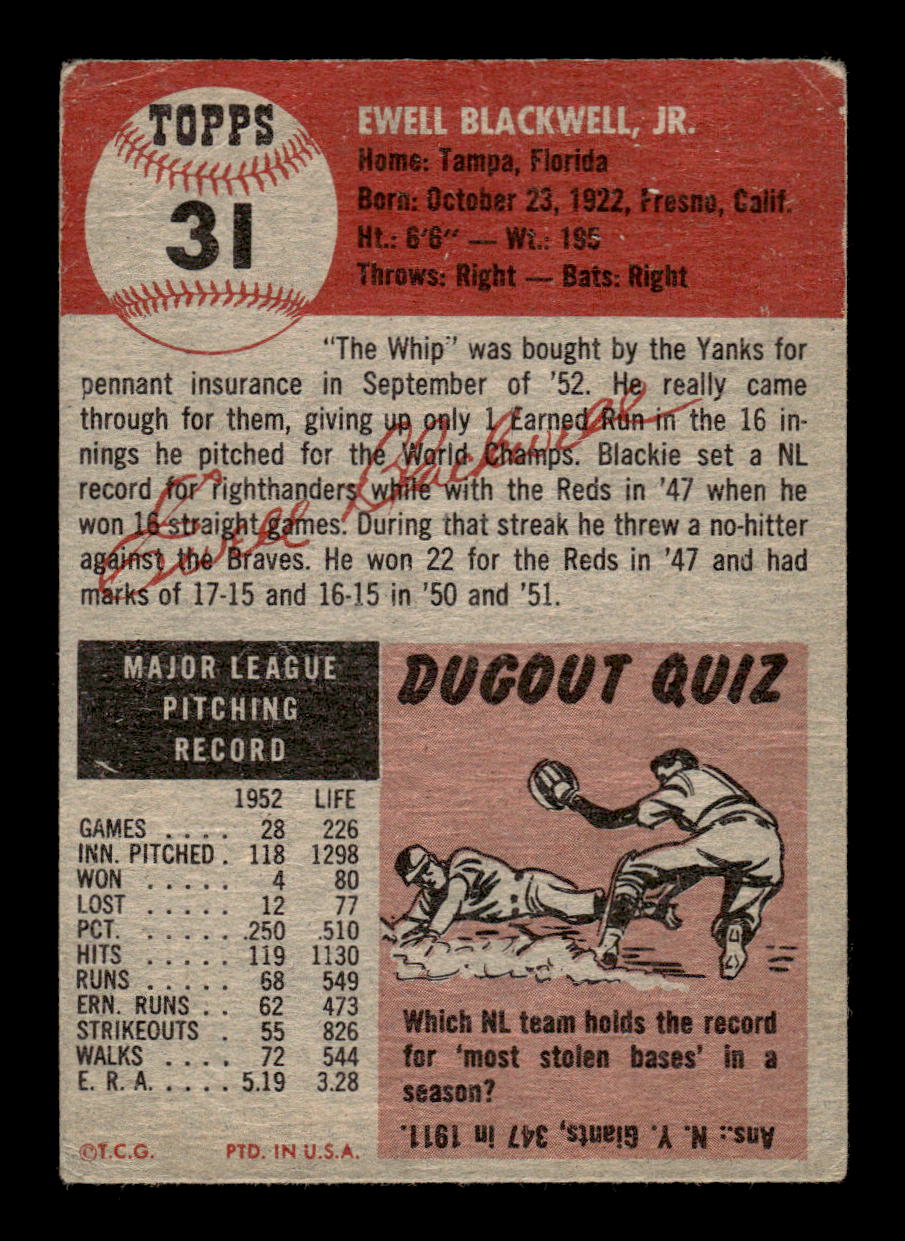 1953 Topps #31 Ewell Blackwell New York Yankees Poor MM26014017