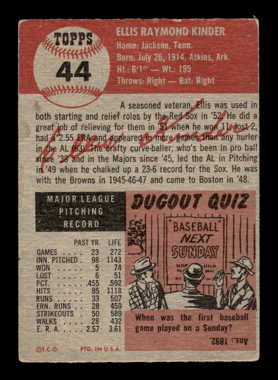 1953 Topps #44a Ellis Kinder Boston Red Sox G/VG MM26014022