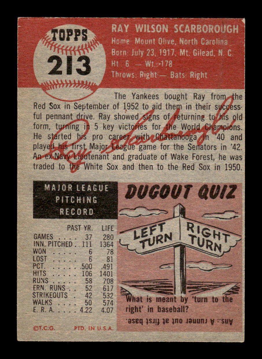 1953 Topps #213 Ray Scarborough New York Yankees VGEX MM26014027